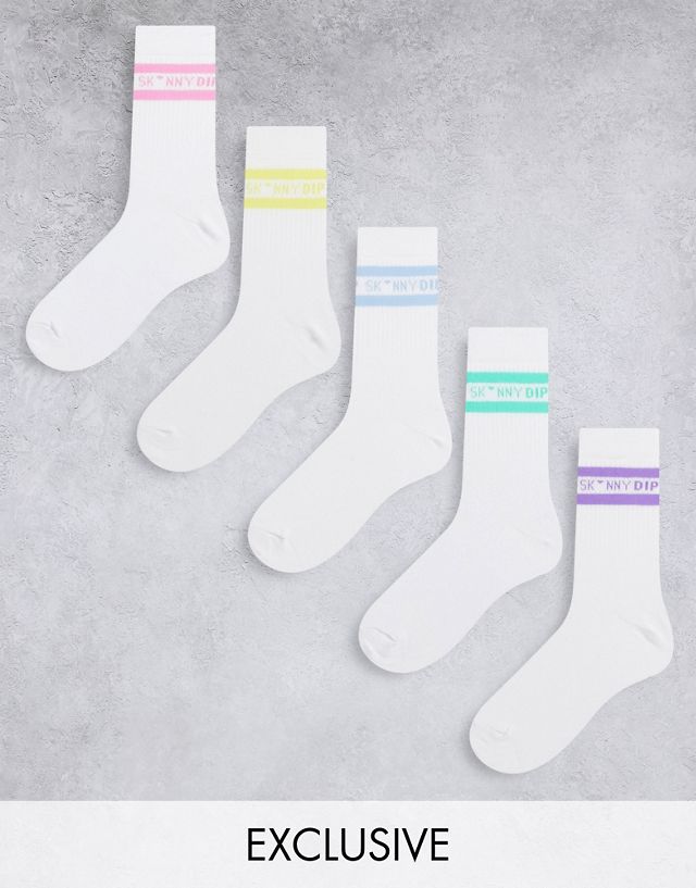 Skinnydip ASOS Exclusive logo ribbed socks 5 pack with pastel stripes