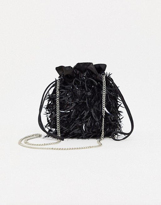 Skinnydip black cross body bag in glitter feather with drawstring