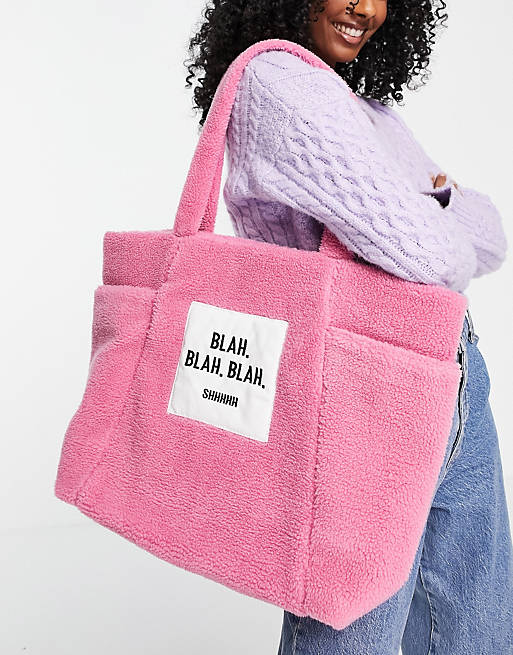 Skinnydip blah blah blah tote bag in pink teddy