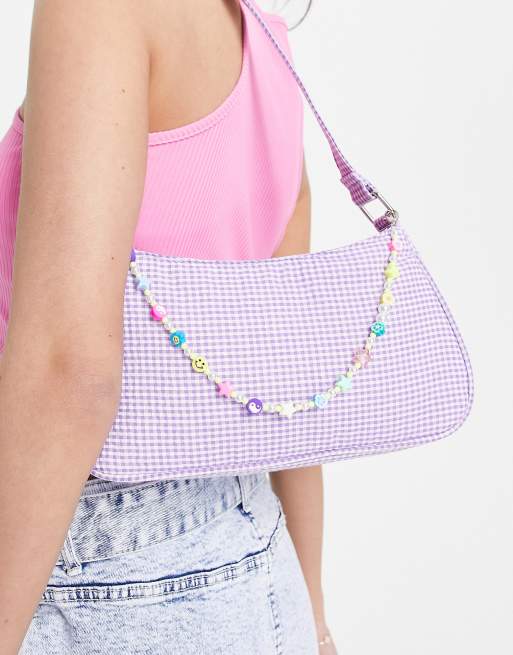 Skinnydip - Borsa da spalla lilla trapuntata con manico con perline