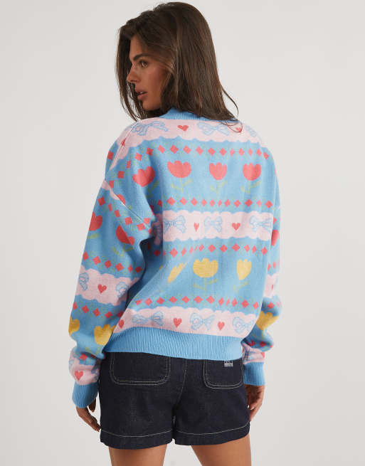 Skinnydip Bow and tulip knitted cardigan in blue, 4 of 4