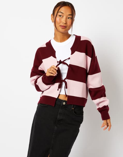 Skinnydip Bow knitted cardigan in pink & burgundy stripe in pink - view 1