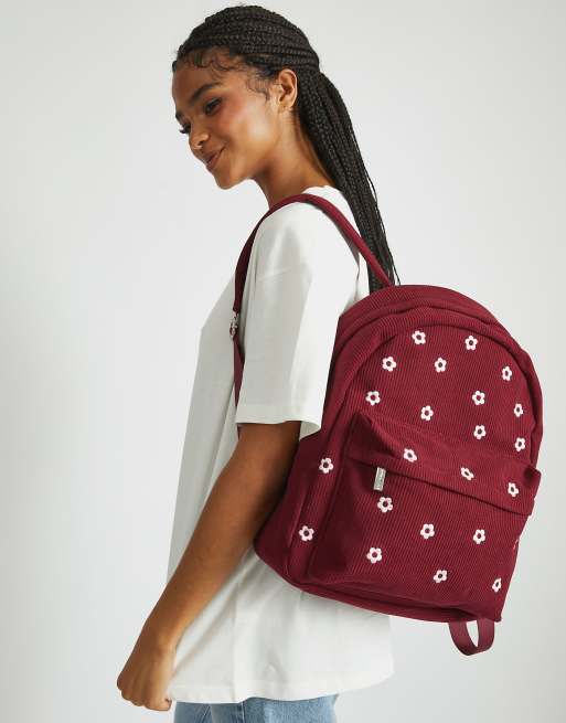 Skinnydip Burgandy ditsy flower embroidered backpack in red, 2 of 4