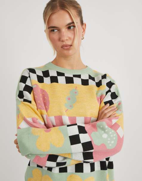 Skinnydip Checkerboard strawberry and olive knitted jumper in multi - view 1