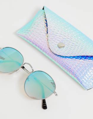 round blue reflective sunglasses