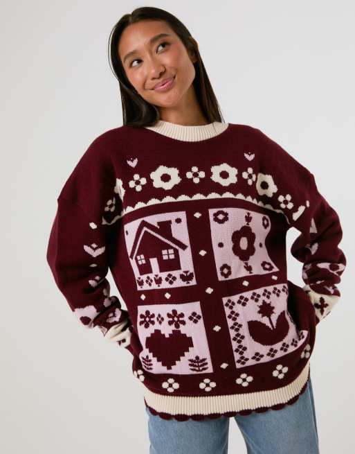 Skinnydip Cosy cottage knitted jumper in red, 1 of 4