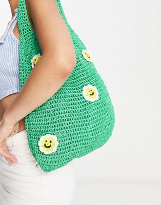 Skinnydip crochet tote bag in green daisy print | ASOS