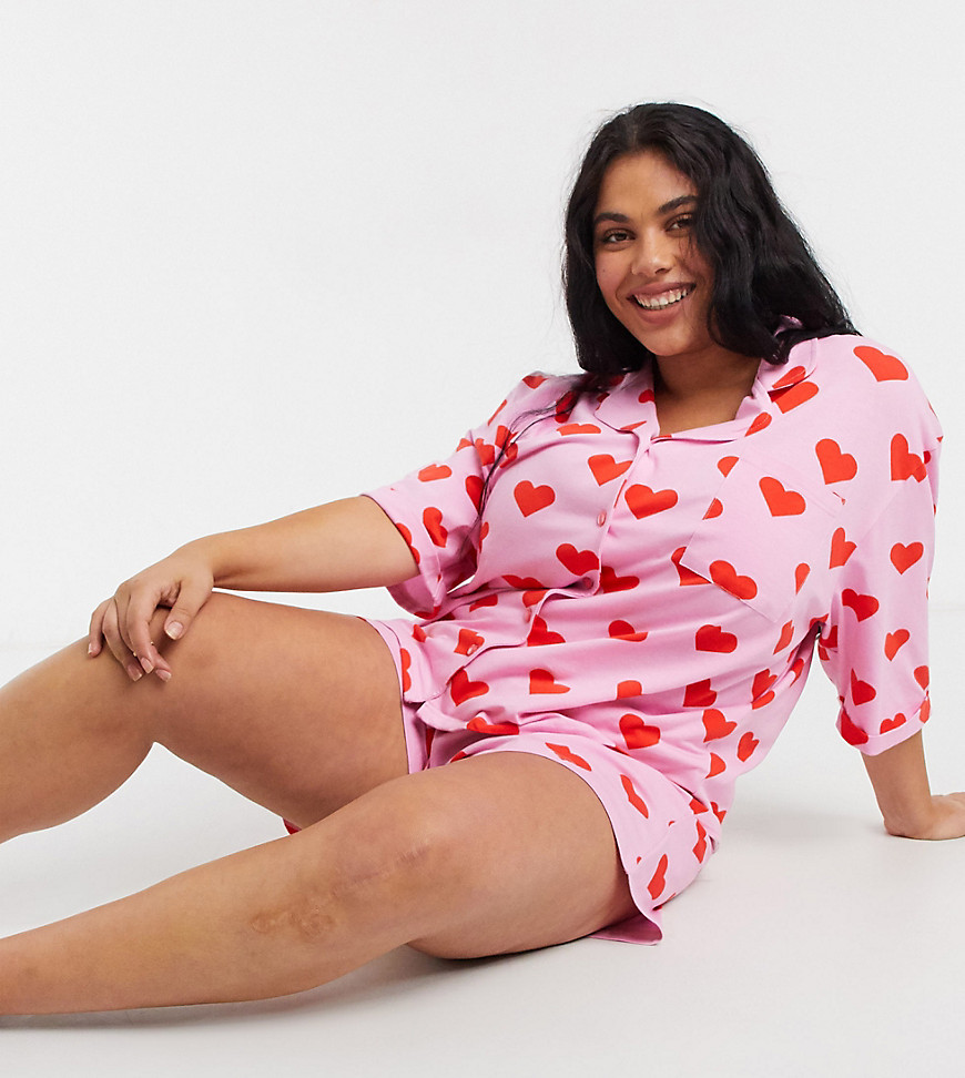 Skinnydip Curve pajama shirt and shorts set in heart print-Pink