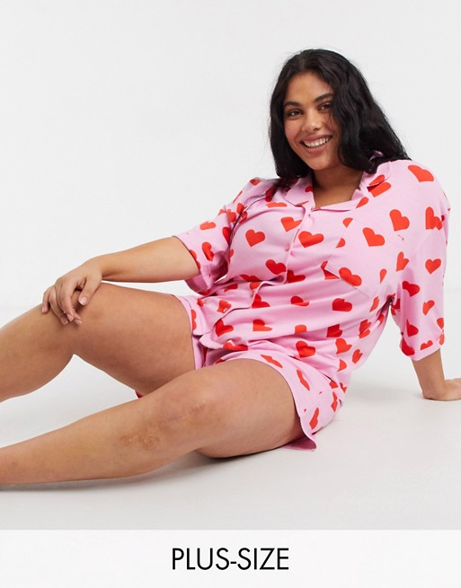 Skinnydip Curve pyjama shirt and shorts set in heart print