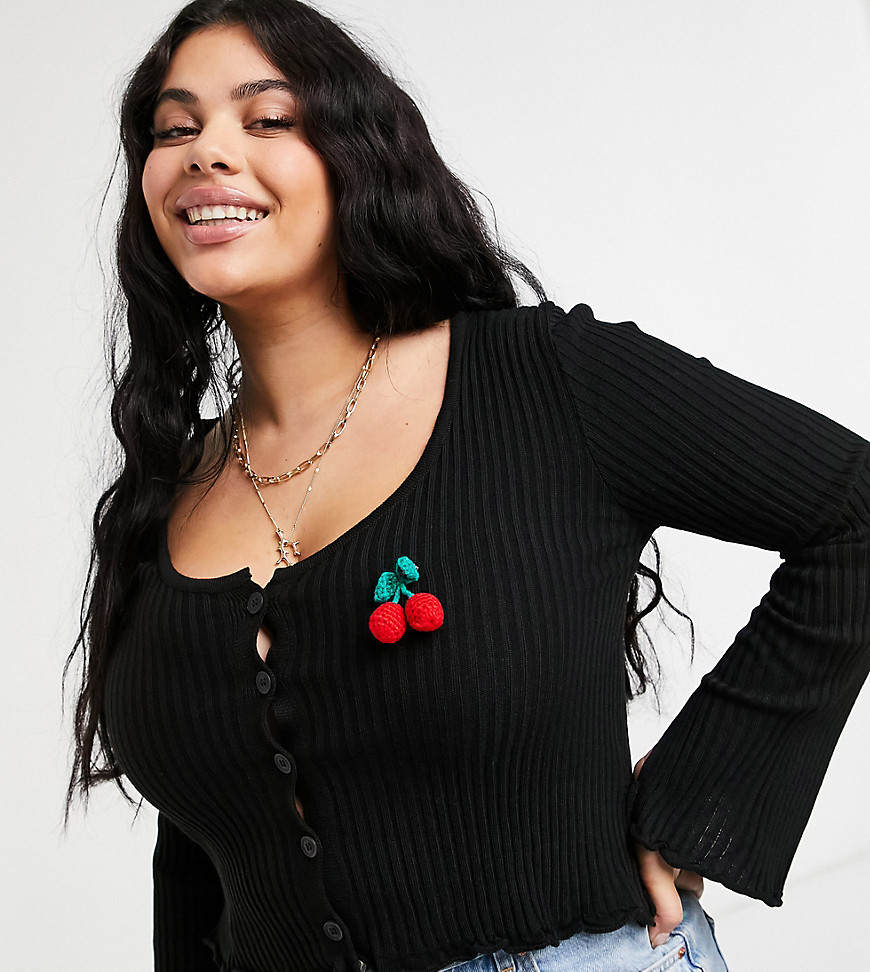 Skinnydip Curve relaxed cardigan with knitted cherry embroidery-Black