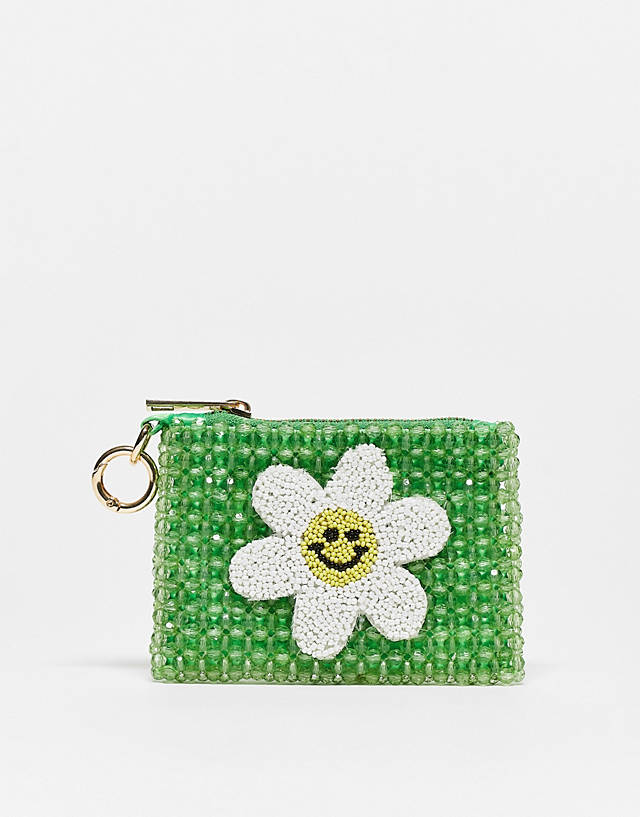Skinnydip - daisy beaded zip pounch in green