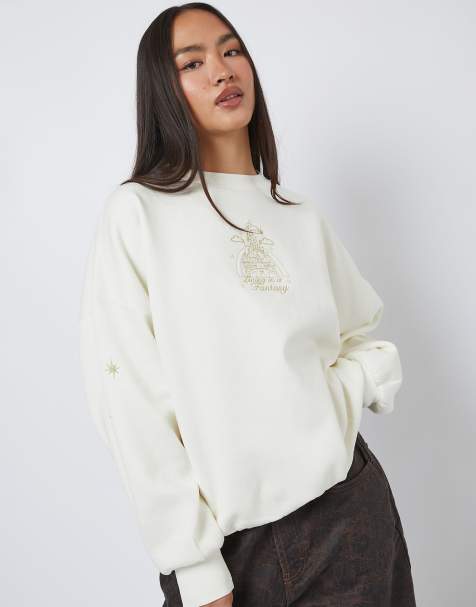 Skinnydip Disney living in a fantasy gold embroidered sweatshirt in white - view 1
