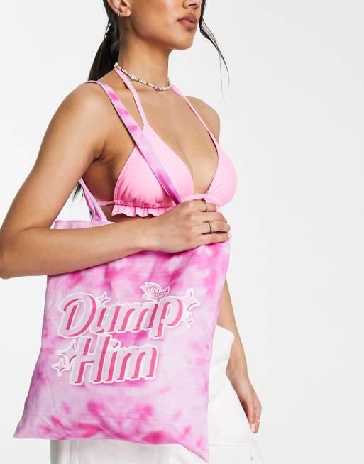 Skinnydip Dump Him slogan tote bag in pink tie dye, 3 of 4