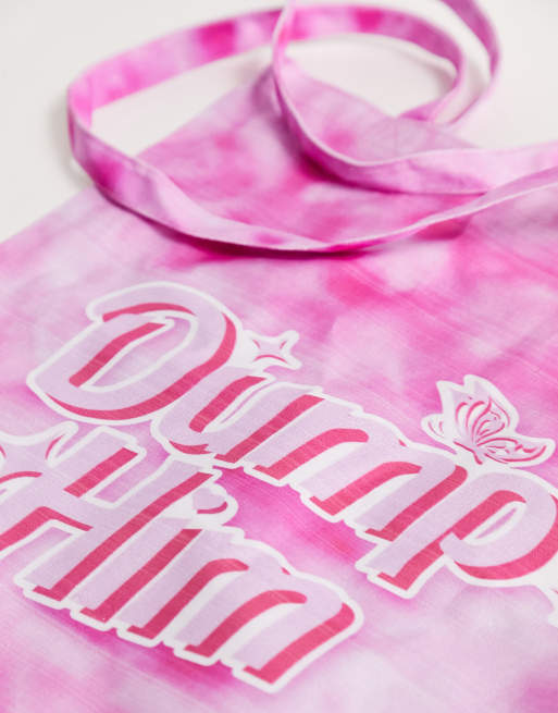 Skinnydip Dump Him slogan tote bag in pink tie dye, 4 of 4