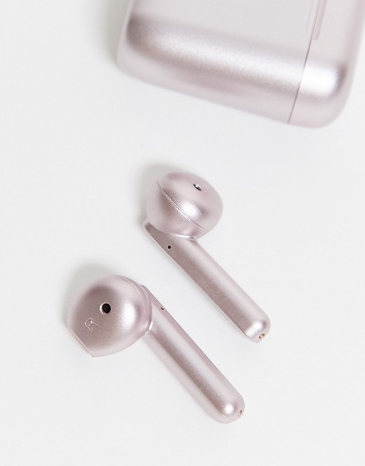 Skinnydip earbuds with touch control and charging case in blush metallic