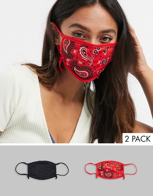 Skinnydip Exclusive 2 pack face covering with adjustable straps in plain black and red bandana print