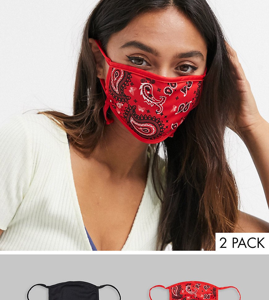 Skinnydip Exclusive 2 pack face covering with adjustable straps in plain black and red bandana print