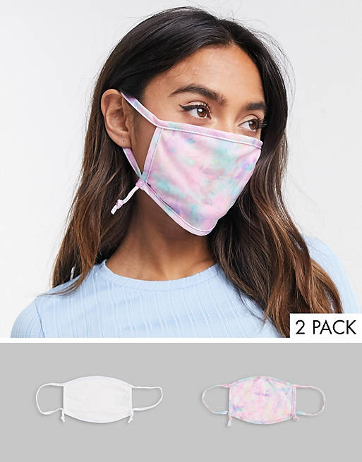 Skinnydip Exclusive 2-pack face masks with adjustable straps in plain white and tie-dye print