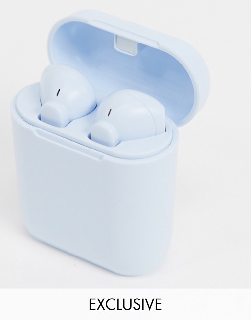 Skinnydip Exclusive earbuds with touch control and charging case in blue pastel