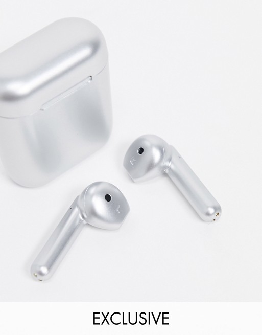 Skinnydip Exclusive earbuds with touch control and charging case in silver metallic
