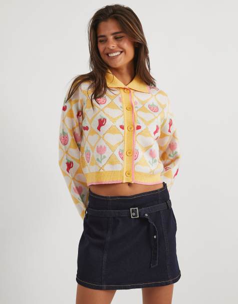 Skinnydip Floral diamond knitted cardigan in yellow - view 1