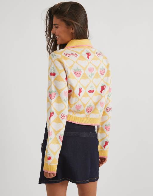 Skinnydip Floral diamond knitted cardigan in yellow, 2 of 4