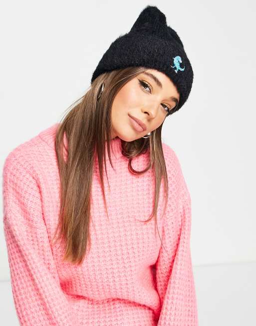 Skinnydip fluffy dino beanie hat in black