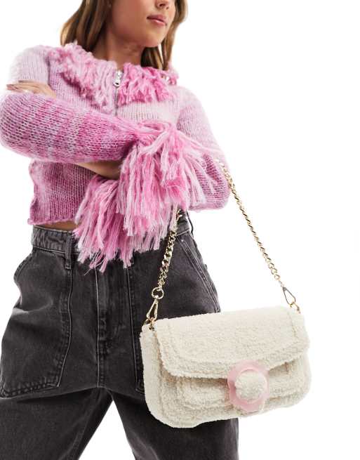 Skinnydip fluffy shoulder bag with buckle detail in cream ASOS