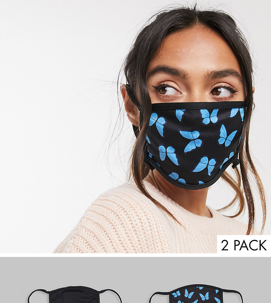 Skinnydip – Gesichtsmasken mit verstellbaren Riemen im 2er-Pack in einfarbig Schwarz und mit Schmetterlingsmotiv