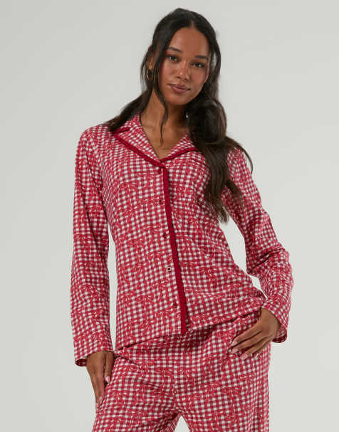 Skinnydip Gingham bow christmas pyjama set with scrunchie in red - view 1