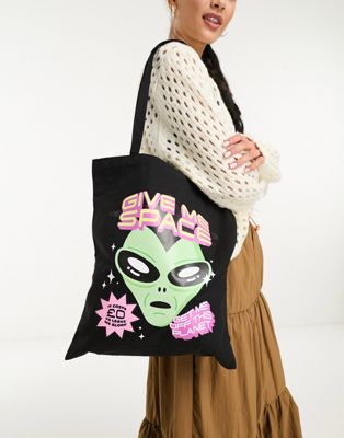 Skinnydip Give Me Space slogan alien tote bag in black