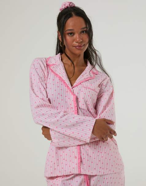Skinnydip Heart ditsy frilly pyjama set with scrunchie in pink - view 1