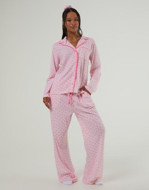 Skinnydip Heart ditsy frilly pyjama set with scrunchie in pink, 4 of 4