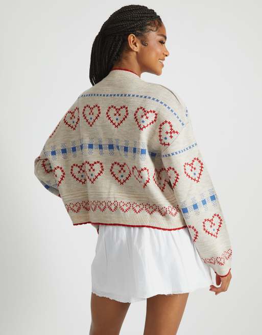 Skinnydip Heart stitch knitted cardigan in ecru, 2 of 4