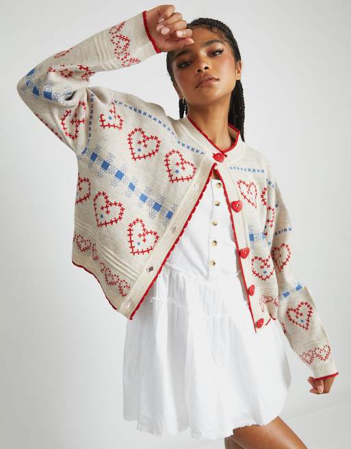 Skinnydip Heart stitch knitted cardigan in ecru, 3 of 4