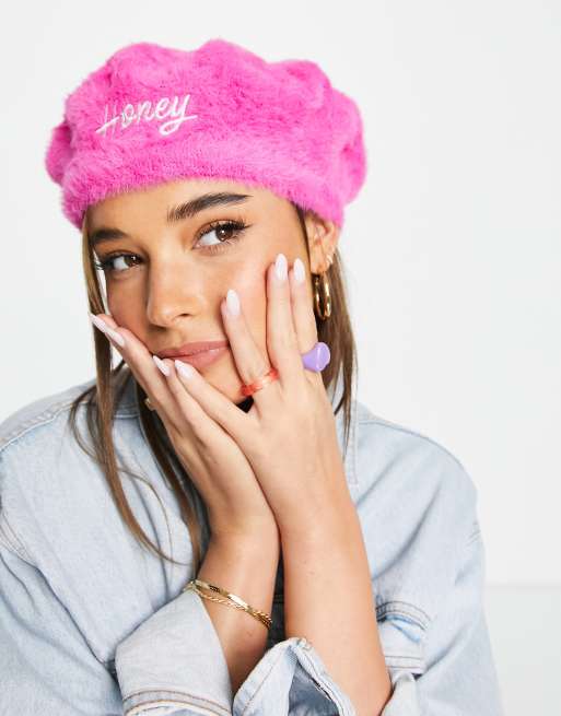 Skinnydip Honey fluffy beret in pink