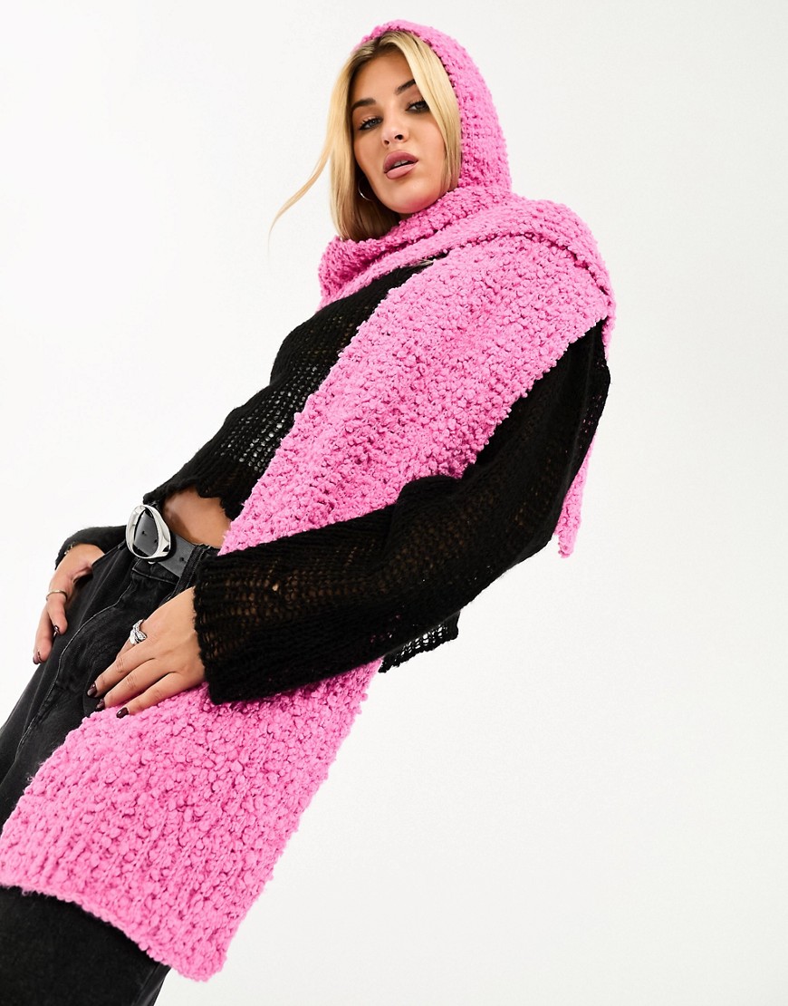 Skinnydip hooded scarf in pink boucle knit