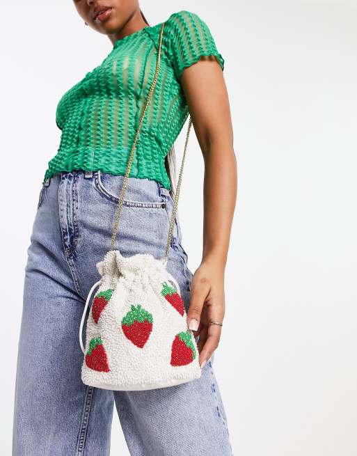 Skinnydip London beaded pouch bag in cream with strawberry print