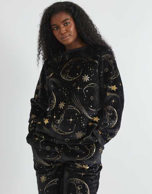 Skinnydip london celestial gold twosie fleece pyjama set in black - BLACK