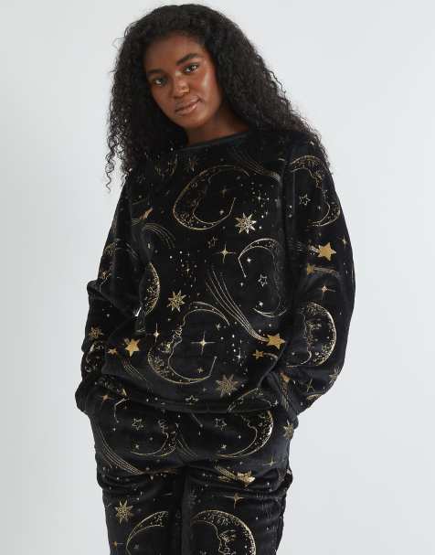 Skinnydip london celestial gold twosie fleece pyjama set in black - view 1