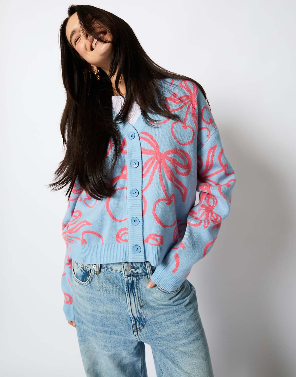 Skinnydip london cherry bow knitted cardigan in blue