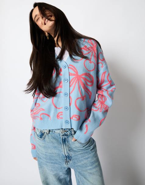 Skinnydip london cherry bow knitted cardigan in blue 