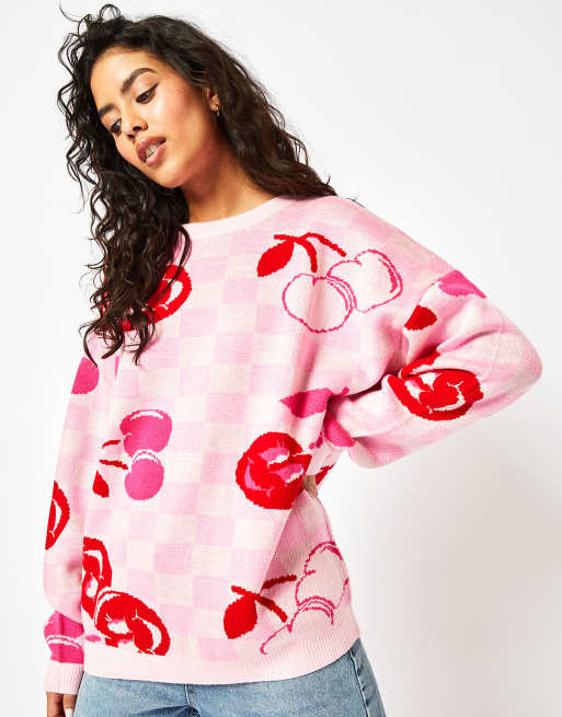 Skinnydip London Cherry Checkerboard Knit Jumper in Pink