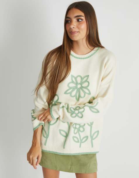 Skinnydip london floral applique knitted jumper in cream & sage in ecru - view 1