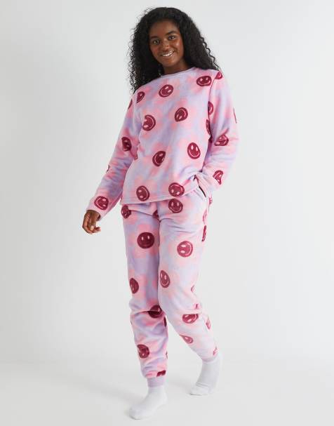 Skinnydip london happy flower lilac twosie fleece pyjama set in red - view 1
