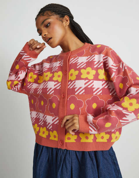 Skinnydip london houndstooth flower knitted cardigan in orange - view 1