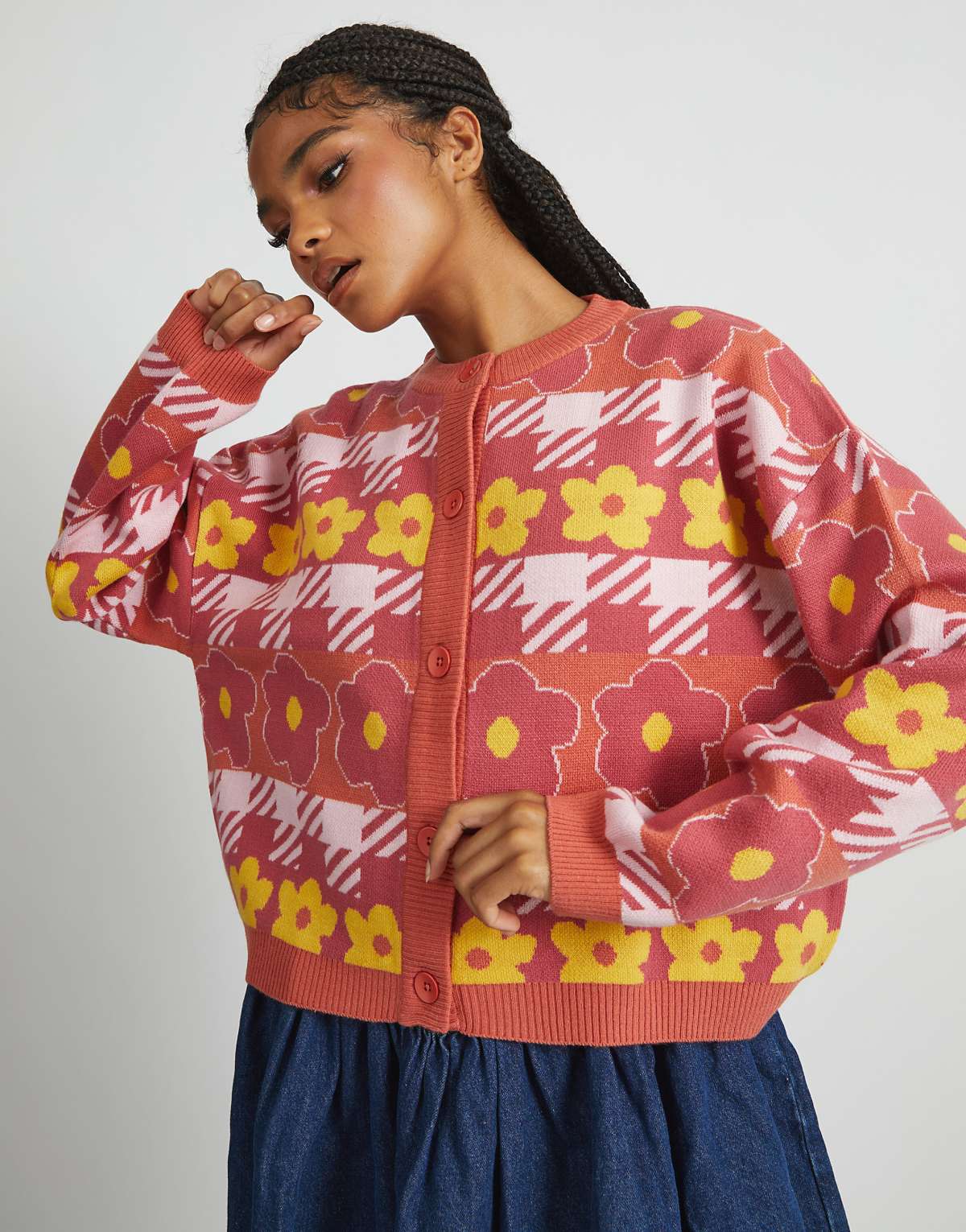 Skinnydip london houndstooth flower knitted cardigan in orange