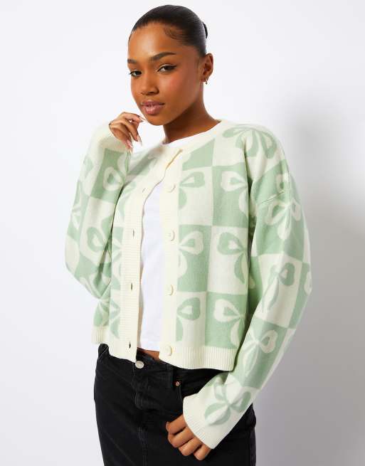 Skinnydip london sage check bow knitted cardigan in green