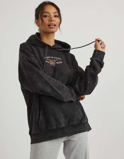 Skinnydip london self love club hoodie in acid wash in grey