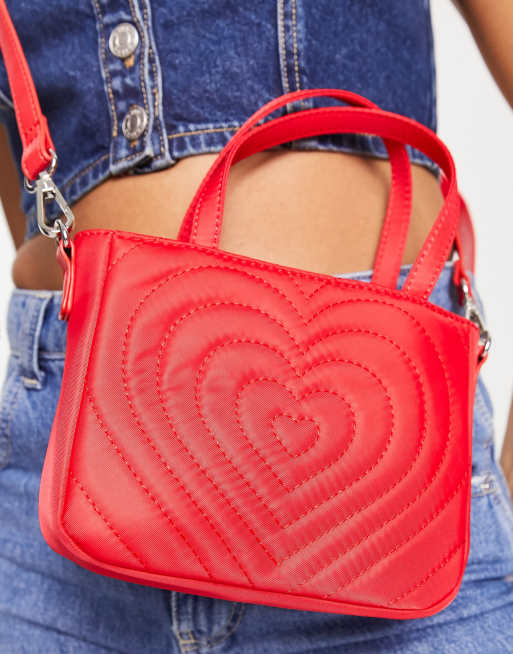 Quilted Heart Chain Crossbody Bag - Red